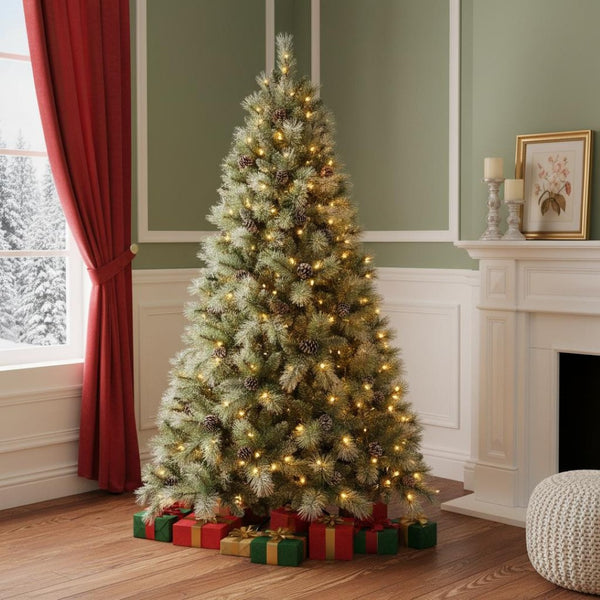 HomeRoots 8' Pre Lit Full Pine Christmas Tree – Lush Design, Easy Setup & Warm LED Glow for Holiday Cheer 713092