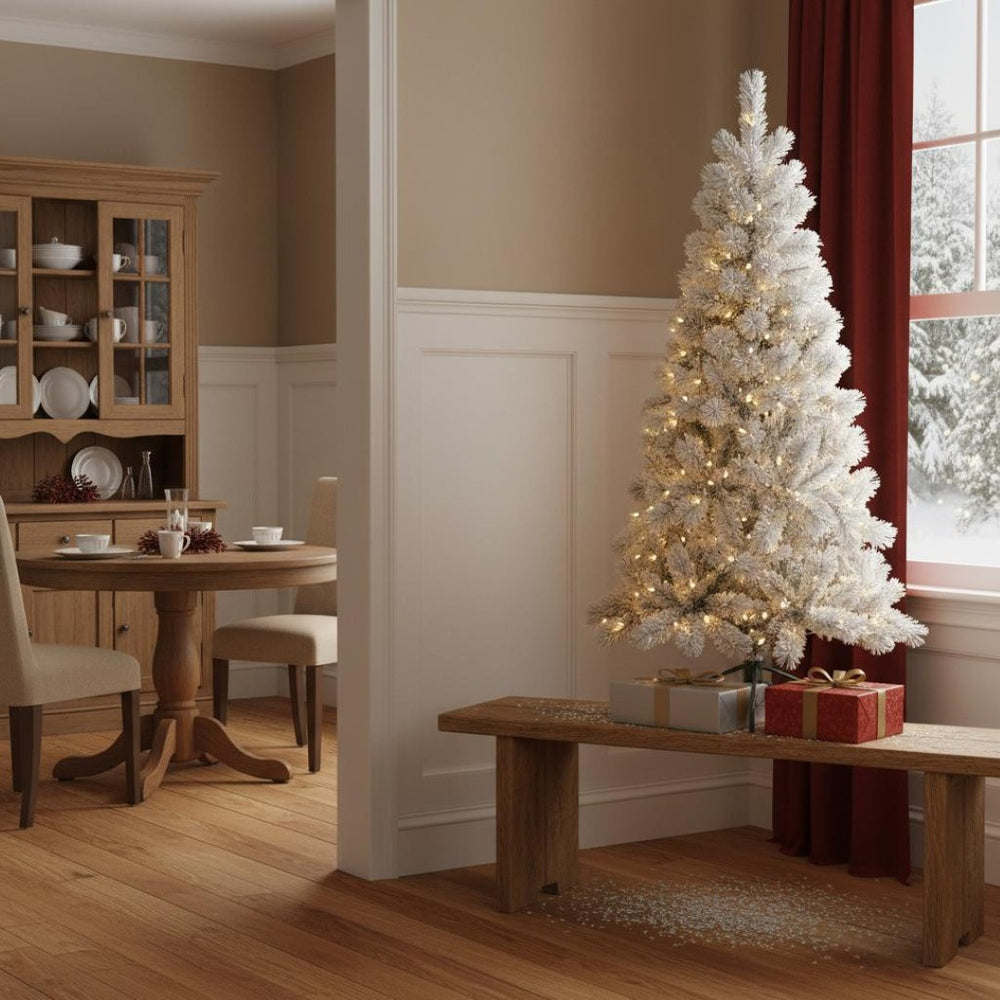 HomeRoots 5' White Pre Lit Full Pine Christmas Tree - Lush 250 LED Lights, Easy Setup, Perfect for Cozy Spaces 713096