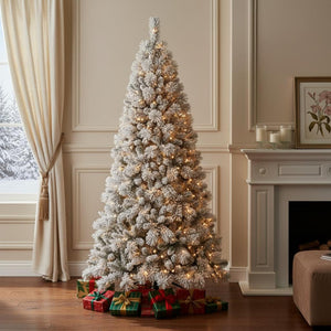 HomeRoots 7.5' White Pre Lit Full Pine Christmas Tree - Elegant, Snow-Kissed Design with Warm LED Glow for Holiday Cheer 713098