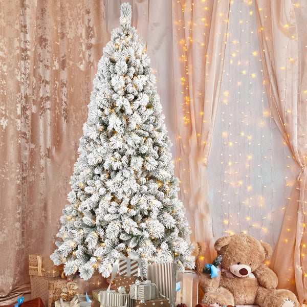 HomeRoots 8' White Pre Lit Full Pine Christmas Tree – Elegant, Easy Setup, Warm LED Glow for Holiday Cheer 713099