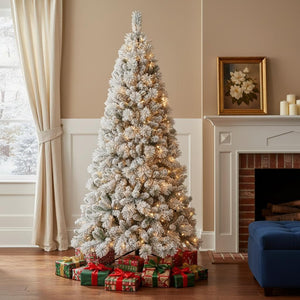 HomeRoots 8' White Pre Lit Full Pine Christmas Tree – Elegant, Easy Setup, Warm LED Glow for Holiday Cheer 713099