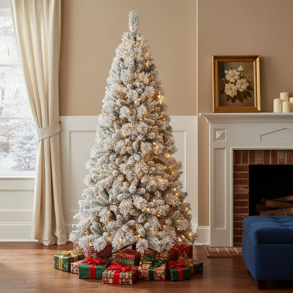 HomeRoots 8' White Pre Lit Full Pine Christmas Tree – Elegant, Easy Setup, Warm LED Glow for Holiday Cheer 713099