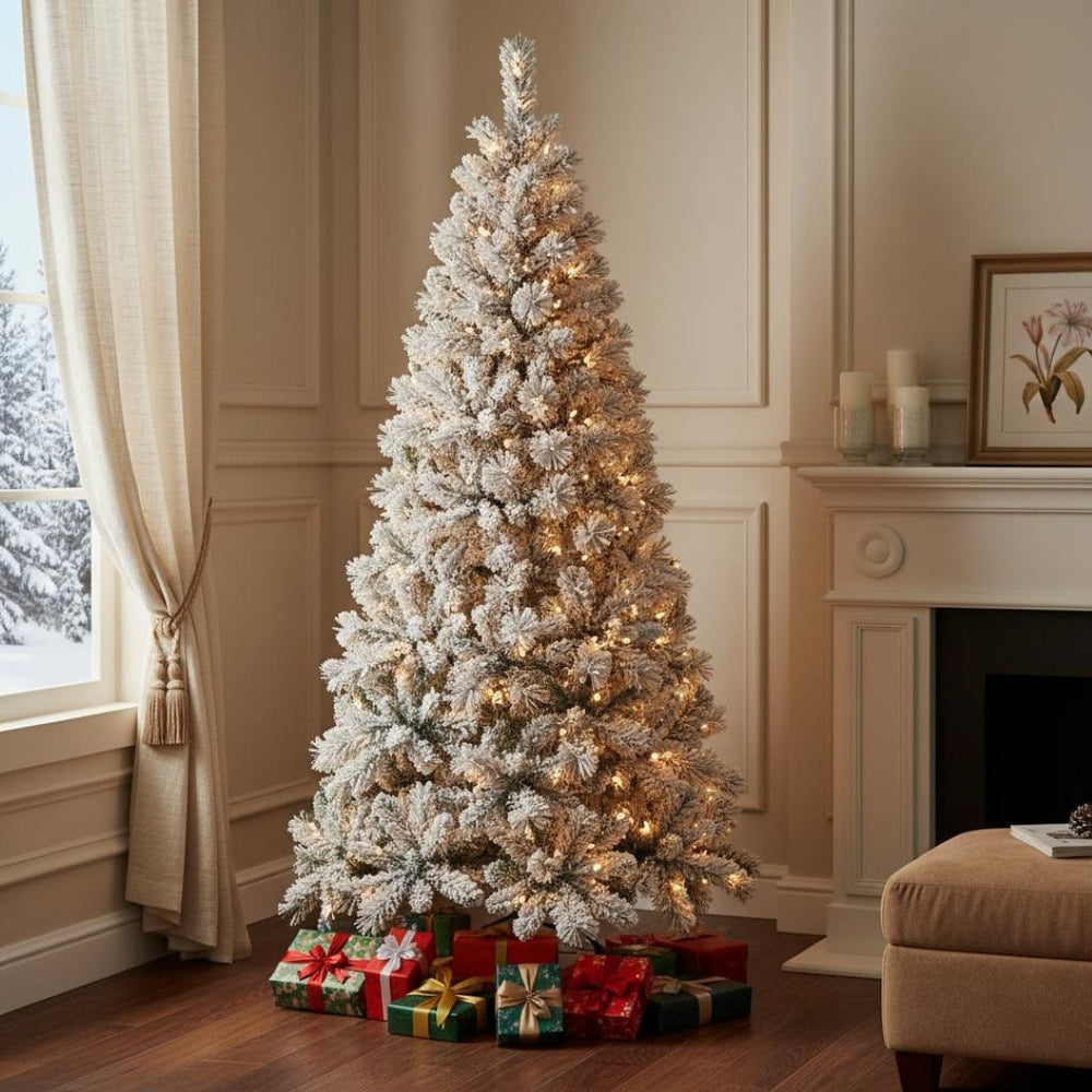 HomeRoots 9' White Pre Lit Full Pine Christmas Tree - Elegant Winter Wonderland Decor with 750 LED Lights 713100