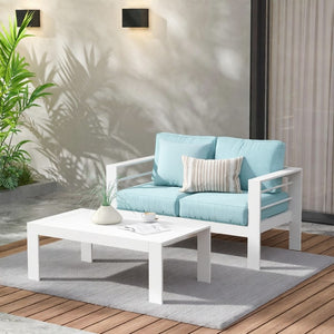 English Elm 43" Outdoor Aluminum Coffee Table with Slatted Wpc Top for Patio Deck Poolside White B082P454980