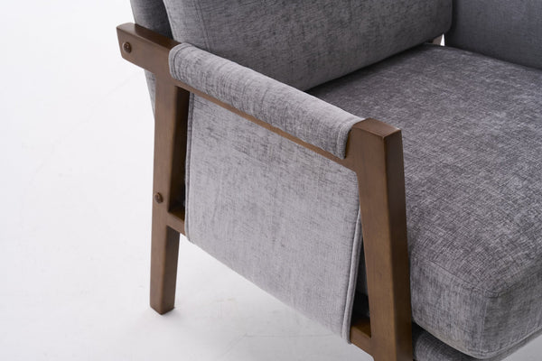 English Elm Mid-Century Solid Wood Accent Chair with Chenille Upholstery, Ergonomic Waist Support, Sturdy 300lb Capacity Gray T3903P372381