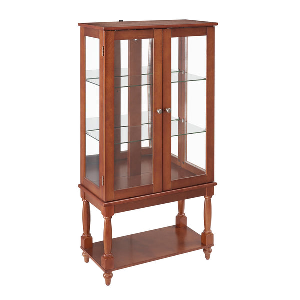 English Elm Curio Lighted Display Cabinet with Mirrored Back, Tempered Glass Doors, Solid Wood Legs, Compact Walnut W1693P216941