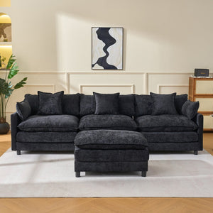 English Elm 108" L-shaped Chenille Cloud Sectional Deep Seat Sofa with Ottoman for Living Rooms Black W3244S00004