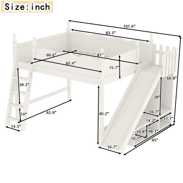English Elm Queen Solid Pine Loft Bed with Wardrobe Shelves Detachable Slide and Dual Sleeping Zones Beige W5305S00028