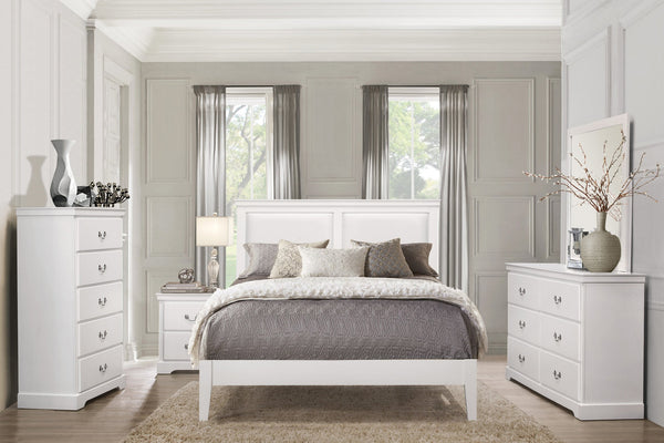 English Elm Classic Queen Bed With Upholstered Faux Leather Headboard In White Finish - Timeless Elegance! B011S01310