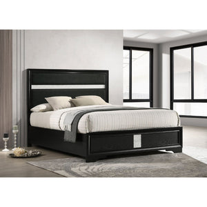 English Elm Annie Glam Queen Bed Glitter Stripe Upholstered Headboard Low Profile Black Frame B062S01807