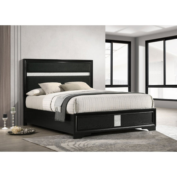 English Elm Annie Glam Queen Bed Glitter Stripe Upholstered Headboard Low Profile Black Frame B062S01807