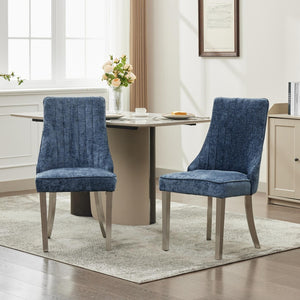 English Elm Rayon Upholstered Dining Chairs – Set Of 2 Blue Chenille Accent Chairs With Silver Steel Legs For Style W1143P293317-GIGA