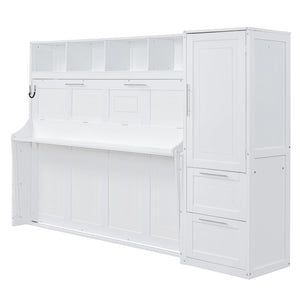 English Elm Queen Murphy Wall Bed with Integrated Wardrobe and Drawers for Studio or Guest Room White LP000793AAK-2