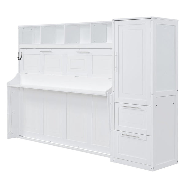English Elm Queen Murphy Wall Bed with Integrated Wardrobe and Drawers for Studio or Guest Room White LP000793AAK-2