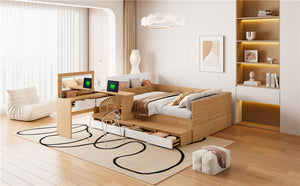 English Elm Full Size Wooden Platform Bed With 6 Drawers, Open Shelves & Dressing Table - Stylish & Functional! N820S00059N