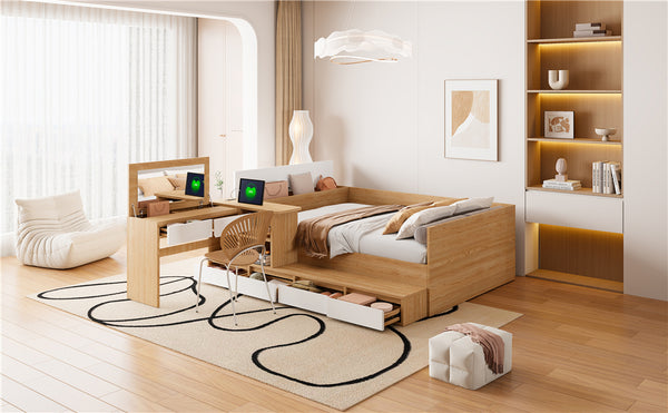 English Elm Full Size Wooden Platform Bed With 6 Drawers, Open Shelves & Dressing Table - Stylish & Functional! N820S00059N