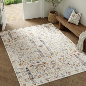 HomeRoots 8' Elegant Floral Medallion Area Rug in Brown, Blue, and Beige – Washable, Non-Slip, Stain-Resistant 8' X 10' 713554