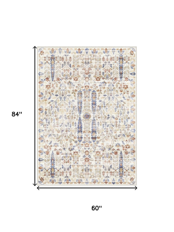 HomeRoots 8' Elegant Floral Medallion Area Rug in Brown, Blue, and Beige – Washable, Non-Slip, Stain-Resistant 8' X 10' 713554
