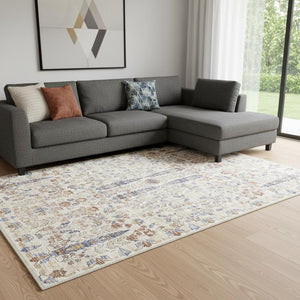 HomeRoots 8' Elegant Floral Medallion Area Rug in Brown, Blue, and Beige – Washable, Non-Slip, Stain-Resistant 9' X 12' 713555