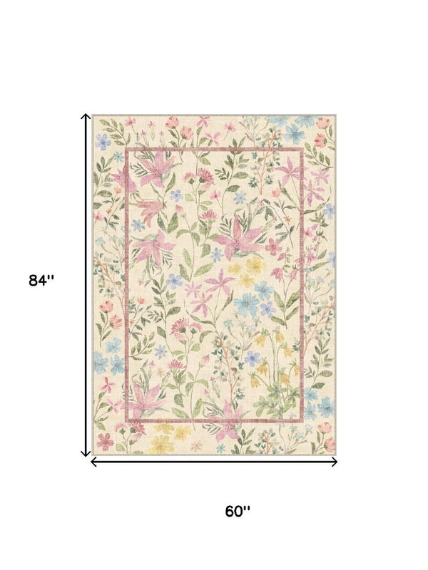 HomeRoots 8' Washable Floral Area Rug in Ivory, Pink, and Green - Perfect for High Traffic Spaces and Pets 8' X 10' 713562