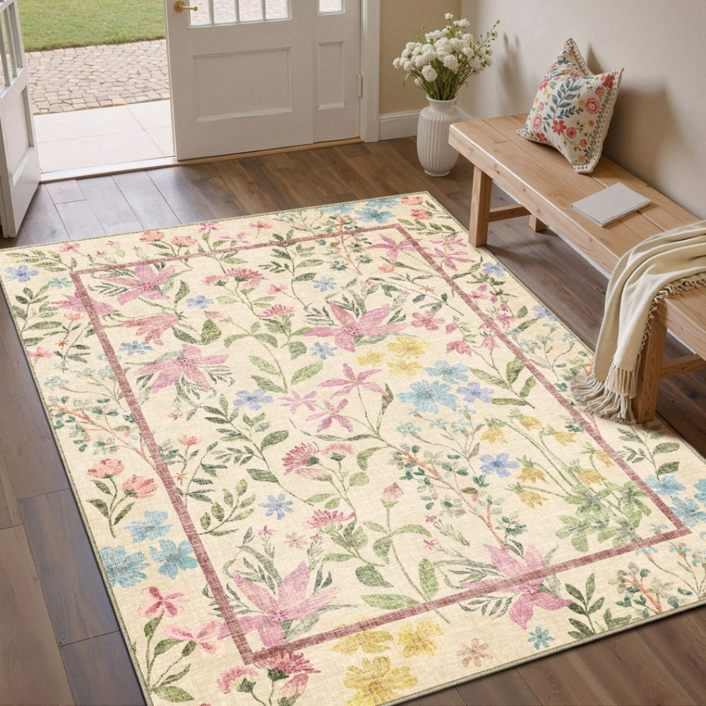 HomeRoots 8' Washable Floral Area Rug in Ivory, Pink, and Green - Perfect for High Traffic Spaces and Pets 8' X 10' 713562
