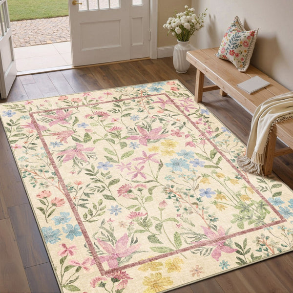 HomeRoots 8' Washable Floral Area Rug in Ivory, Pink, and Green - Perfect for High Traffic Spaces and Pets 8' X 10' 713562