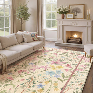 HomeRoots 8' Washable Floral Area Rug in Ivory, Pink, and Green - Perfect for High Traffic Spaces and Pets 9' X 12' 713563