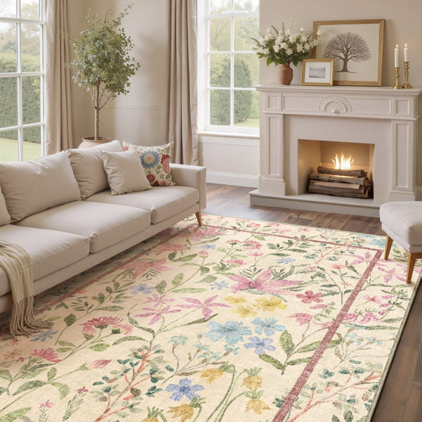 HomeRoots 8' Washable Floral Area Rug in Ivory, Pink, and Green - Perfect for High Traffic Spaces and Pets 9' X 12' 713563