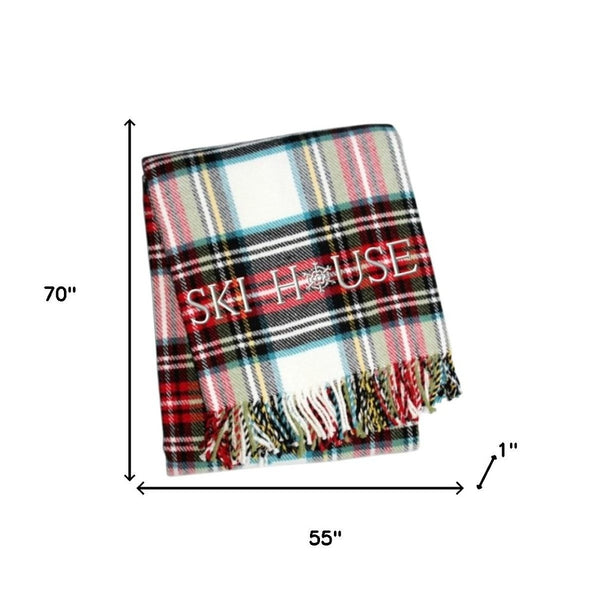 HomeRoots 55" Cozy Ski House Tartan Plaid Throw Blanket - Embroidered, Soft Cotton Blend with Fringe Trim 713572