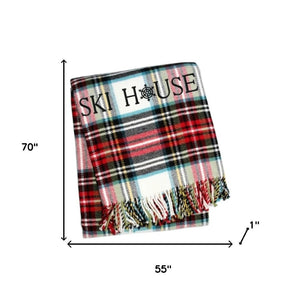 HomeRoots 55" Sage & White Cotton Blend Throw Blanket with Embroidery & Fringe - Perfect for Cozy Lake House Décor 713573