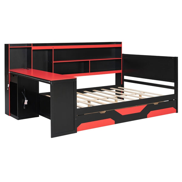 English Elm Full Size Gaming Bed Frame with Desk Led Lights Storage Drawers and Charging Station Black+Red LP000289AAJ