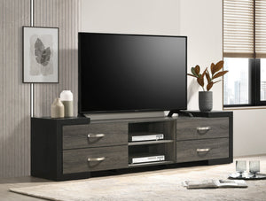 English Elm 1pc Mid-Century TV Stand 71.1" Wide Light Finish with Sliding Doors, Tapered Legs & Gold Handles Black,Gray 18.2 L x 73.1 W x 22 H B2741P406249