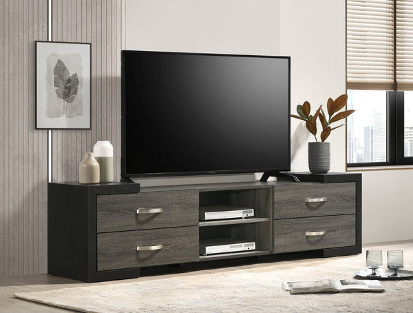 English Elm 1pc Mid-Century TV Stand 71.1" Wide Light Finish with Sliding Doors, Tapered Legs & Gold Handles Black,Gray 18.2 L x 73.1 W x 22 H B2741P406249