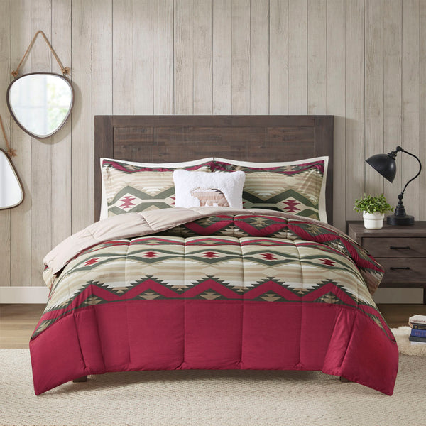 JLA Home Woolrich - Down Southwest-Inspired Comforter Set with Sherpa Bear Pillow, OEKO-TEX Softspun Flannel Feel, Machine Washable Red WR10-3860