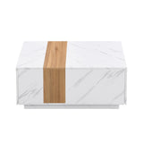 English Elm Modern 35.4 X 23.6 Inch Two-Tone Coffee Table With Faux Marble and Walnut Wood Grain Finish, Rectangular Center Table With 2 Storage Drawers, Practical Cocktail Table For Living Room, White