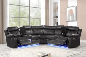 English Elm Lacrosse Power Reclining Sectional with Bluetooth Speakers, LED Lighting, USB Ports & Console Comfort Gray B009S01430