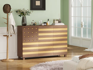 English Elm 55"Buffet Hand-Carved Sideboard Cabinet with 2 Drawers 3 Doors Adjustable Shelves Coffee Bar Console W2977P294070