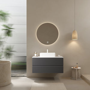 English Elm VEDO 36" Bathroom Vanity with Carrara Countertop, Ceramic Vessel Sink, Gray Striped Plywood Drawers, Wall-Mounted 92" W2615S00083