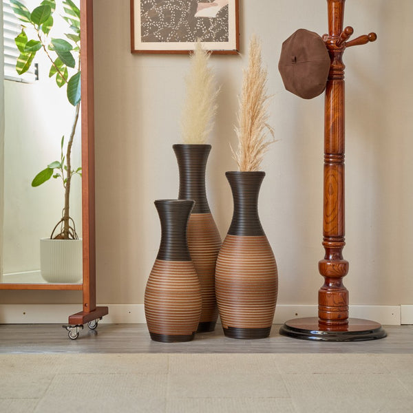 English Elm Set of 3 designer floor vases in Grey+Brown PVC, modern rattan-look tall decor for hallways & living rooms W2796P261496