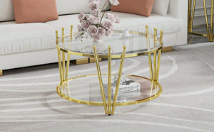 English Elm 31.5inch Modern Luxury Gold Coffee Table with Two-Tier Storage, Tempered Glass Top, Elegant Crown Design Clear W1550P171448