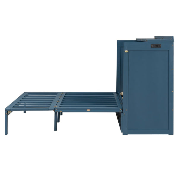 English Elm Queen Murphy Wall Bed Cabinet with Storage Drawer Built-in Power Outlets Usb Ports Navy Blue LP000400AAC-1