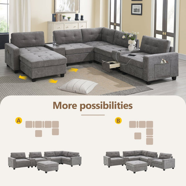 English Elm [new U-shaped Chenille Sectional Six Seat Tufted Couch with Usb Charging Storage Gray N723S1191E