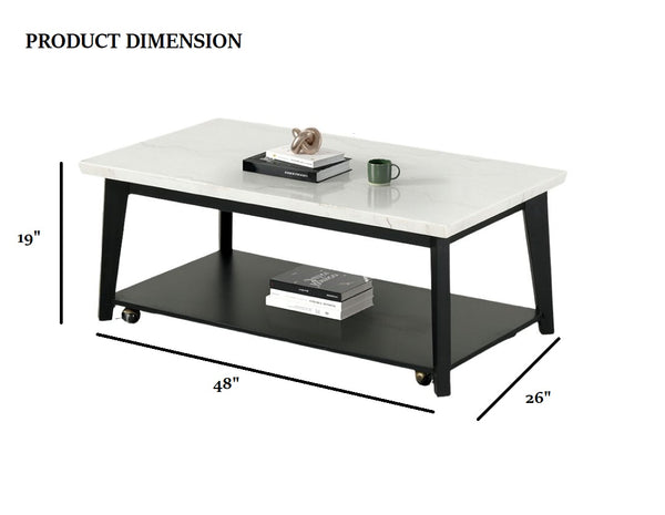 English Elm Contemporary Coffee Table With Marble Top, Caster Wheels & Storage Shelf - Stylish Black & White Design B2741P395098