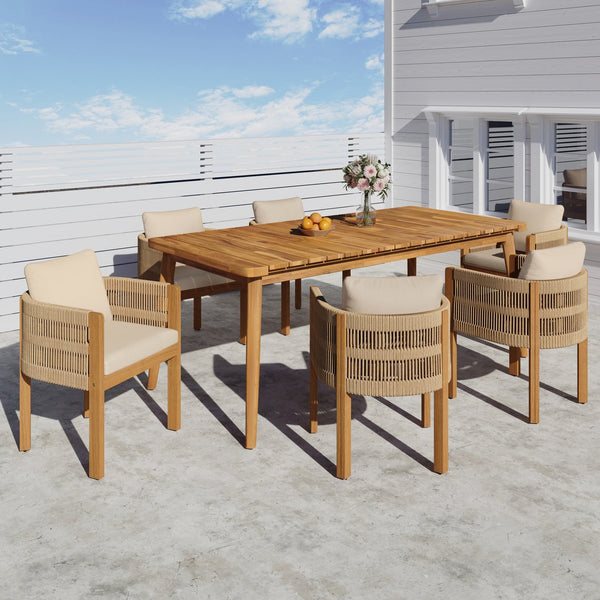English Elm Christopher Knight Home® - Outdoor Dining Set with Acacia Wood Frame, 6 Chairs & Slatted 72" Table, Waterproof Washable Cushions Beige,Brown,Teak N779P266069N_N779P279983B-3