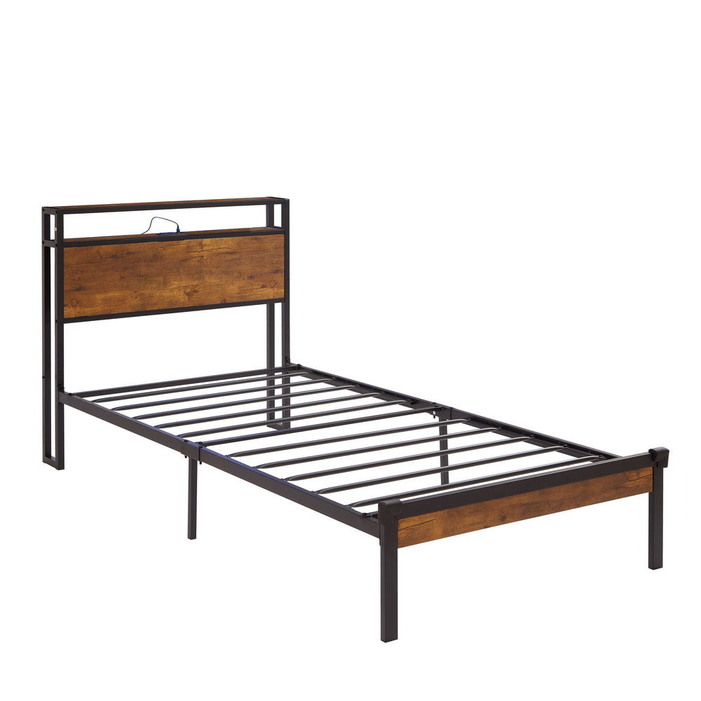 English Elm Twin Metal Platform Bed Frame with Wooden Headboard & Footboard, USB Port, 10" Storage, 400LB Limit W2297P222789