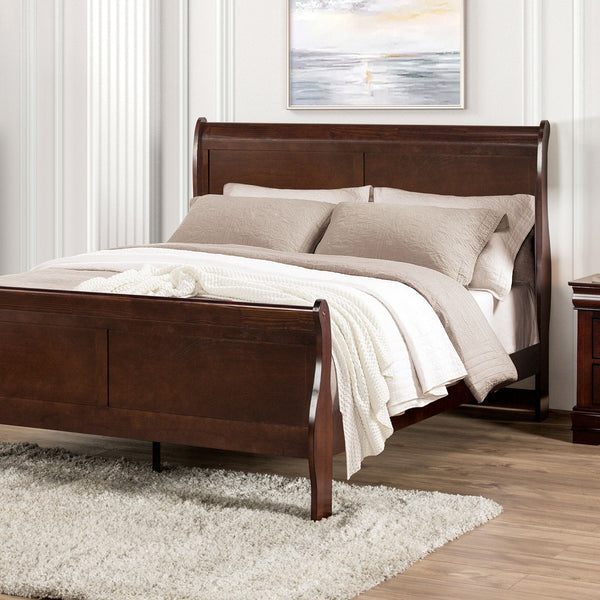 English Elm Dark Sleigh Bed Queen Size Elegant Louis Philippe Wooden Frame with Curved Headboard and Footboard, Classic Bedroom Centerpiece Cherry 27 L x 63 W x 6 H B2741S00579