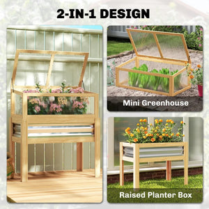English Elm Flowers Elevated Fir Wood Raised Planter with Cold Frame Greenhouse Lid for Patio Gardens Natural Wood T3971P476376