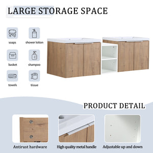 English Elm 60 Inch Wall Mounted Vanity with Dual Resin Sinks, Soft Close Doors, Metal Handles & Shelves Durable Finish Imitative Oak W999S00186
