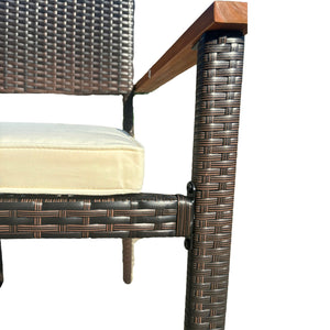 English Elm 7 piece Outdoor Patio Wicker Dining Set with Acacia Wood Table Brown Rattan Cream Cushions, Durable Elegance W329S00053