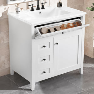 English Elm 30-Inch Contemporary Bathroom Vanity with Sink, MDF & Rubberwood, Glossy Finish, 3 Drawers + Cabinet White N725P350819K